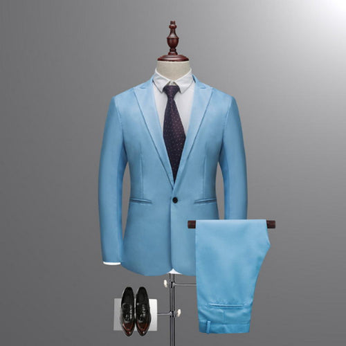 Sky Blue Peaked Lapel Man Suits Pure Color Groom